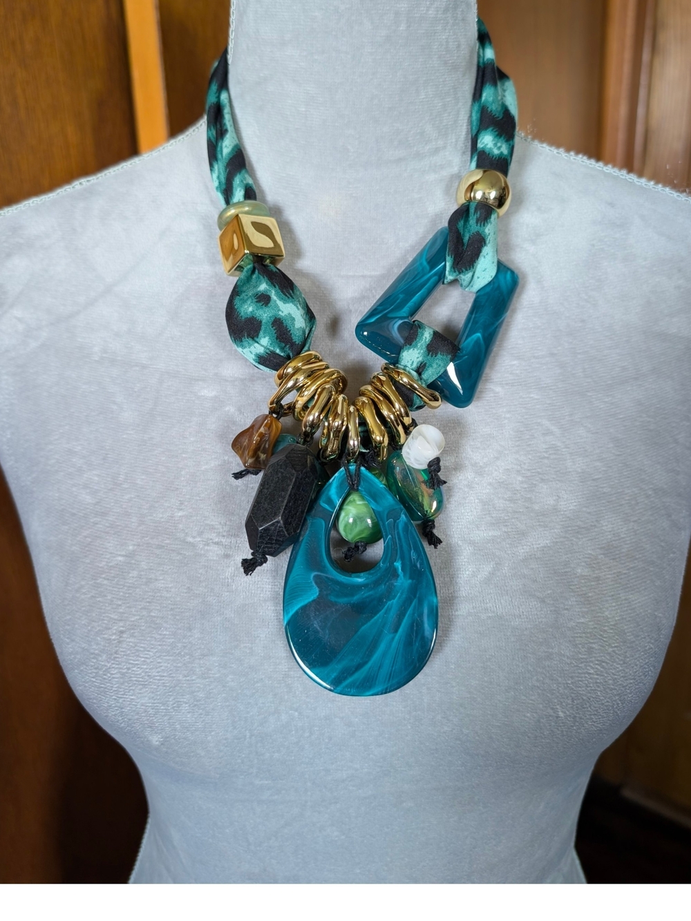 Statement Green Resin Pendant Necklace with Gold Accents